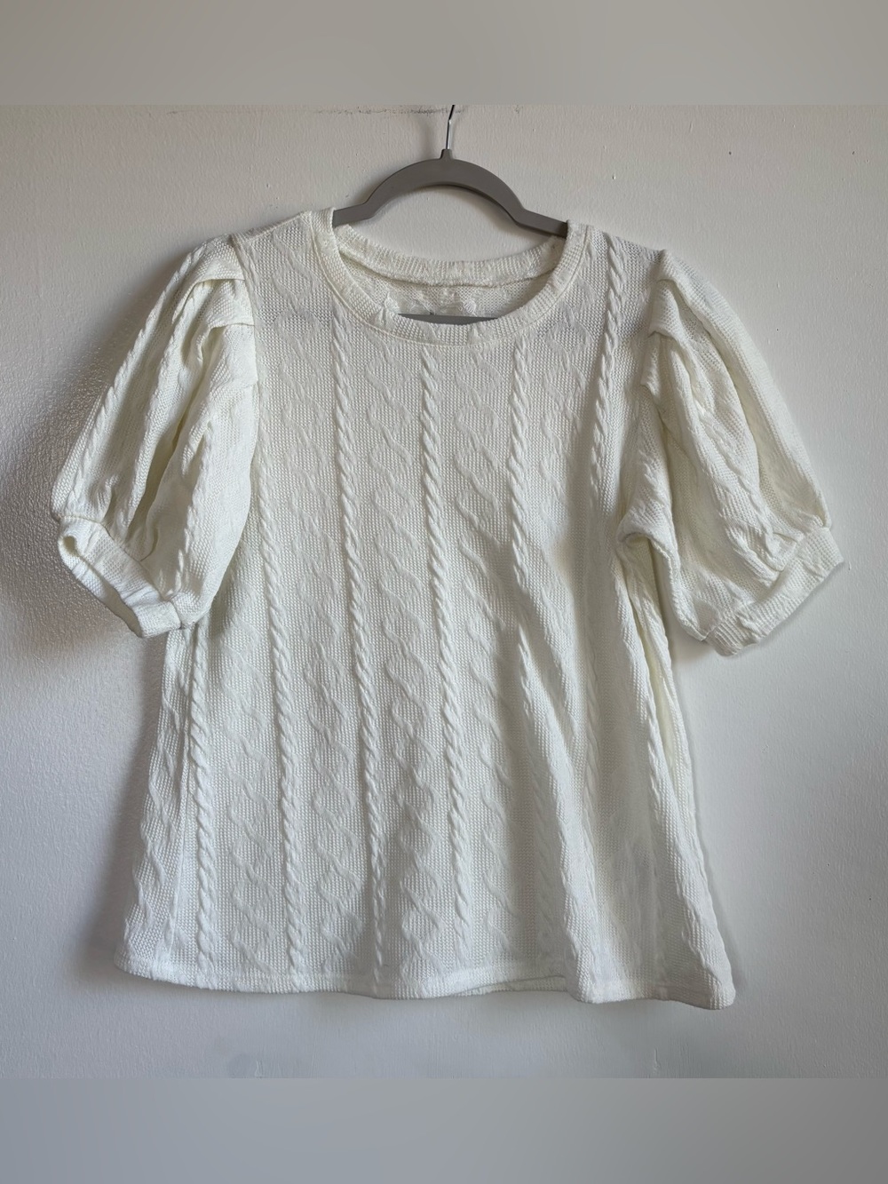 CUPIO White Solid Cable Knit Puff Short Sleeve Crew Neck Top Women’s M